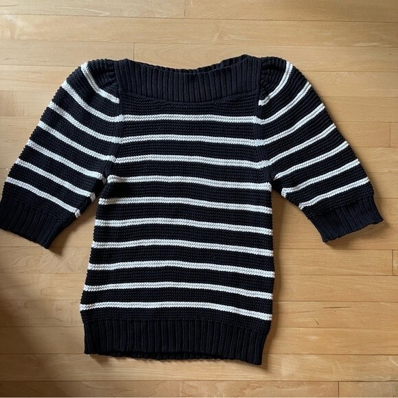 La Vie Rebecca Taylor Puff Sleeve Stripe Sweater in Black and White L NWOT - Picture 10 of 12